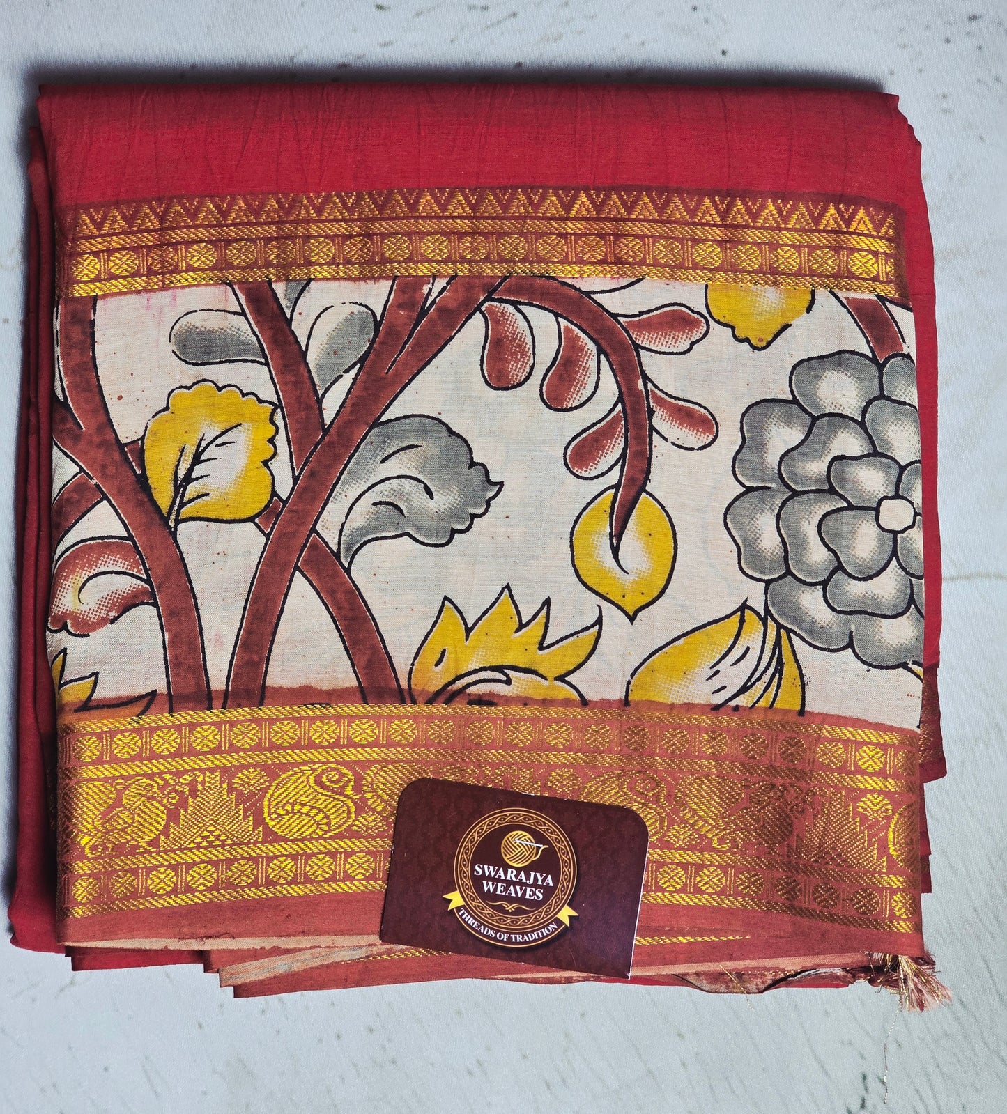 Vermilion Red Mangalagiri Silk Kalamkari Saree with Mustard Floral Vines & Antique Gold Zari Border