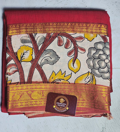 Vermilion Red Mangalagiri Silk Kalamkari Saree with Mustard Floral Vines & Antique Gold Zari Border