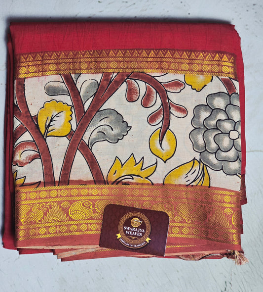 Vermilion Red Mangalagiri Silk Kalamkari Saree with Mustard Floral Vines & Antique Gold Zari Border