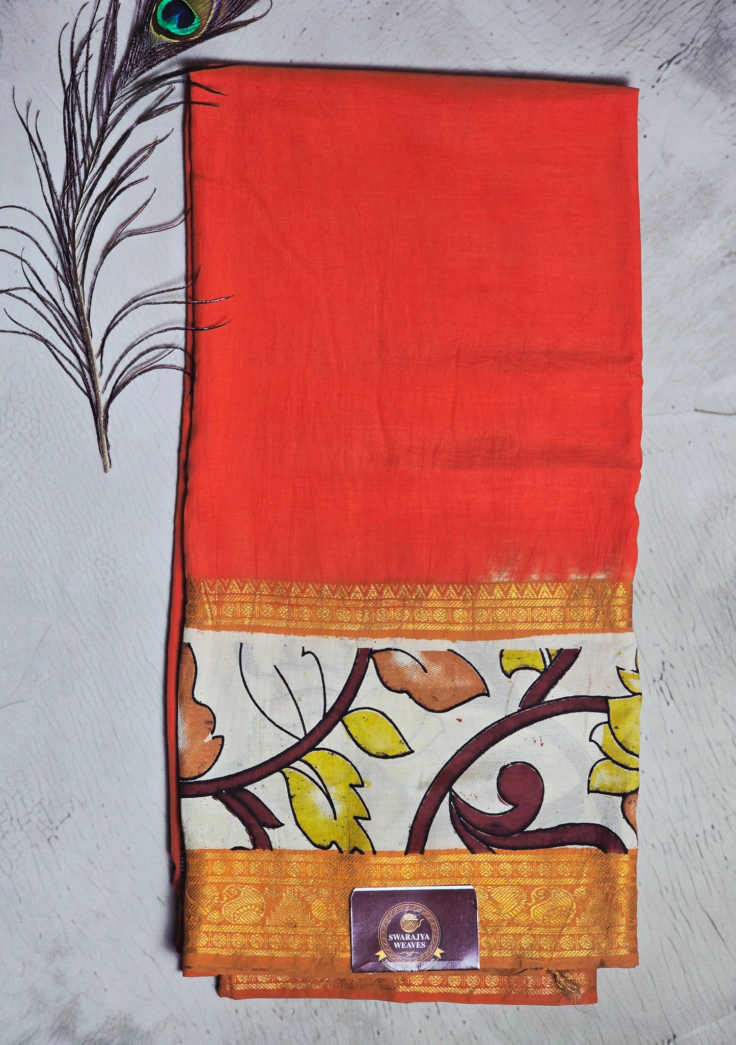 Vermilion Orange Mangalagiri Silk Kalamkari Saree with Mustard Floral Vines & Antique Gold Zari Border