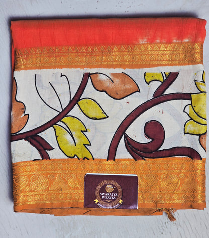 Vermilion Orange Mangalagiri Silk Kalamkari Saree with Mustard Floral Vines & Antique Gold Zari Border