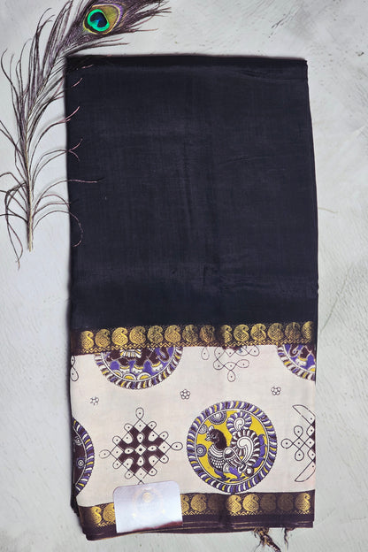 Obsidian Black Mangalagiri Silk Kalamkari Saree with Purple Peacock Medallions & Antique Gold Zari Border