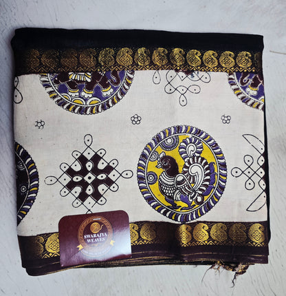 Obsidian Black Mangalagiri Silk Kalamkari Saree with Purple Peacock Medallions & Antique Gold Zari Border