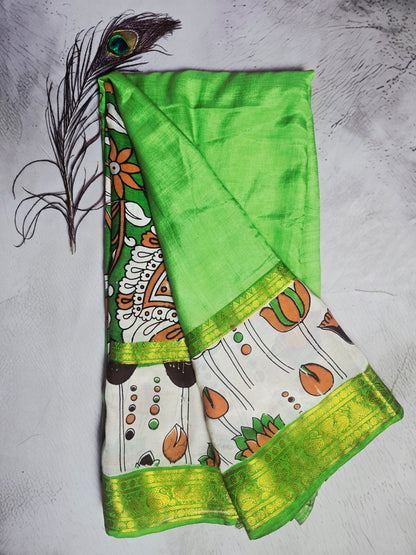Lime Green Mangalagiri Silk Kalamkari Saree with Floral Motif Panel & Antique Gold Zari Border