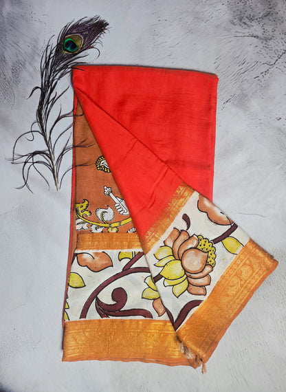 Vermilion Orange Mangalagiri Silk Kalamkari Saree with Mustard Floral Vines & Antique Gold Zari Border