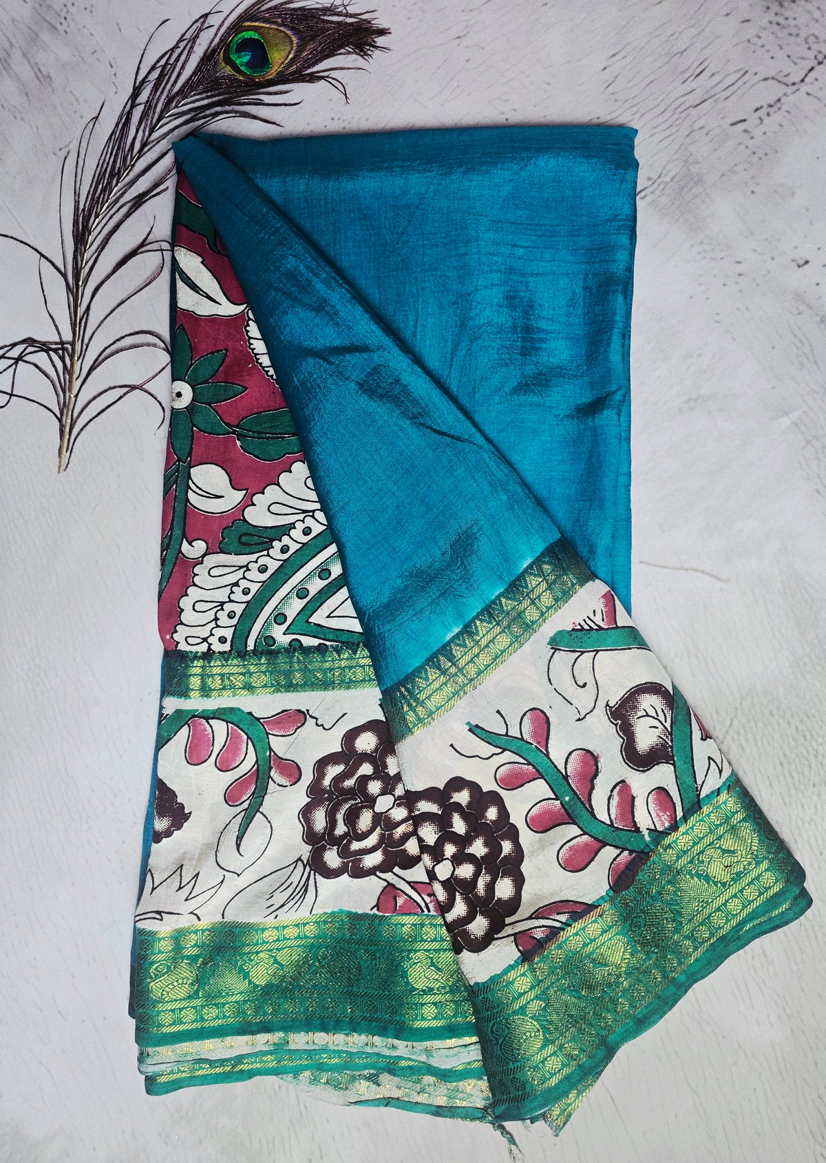 Turquoise Teal Mangalagiri Silk Kalamkari Saree with Pink Floral Vines & Green Zari Border