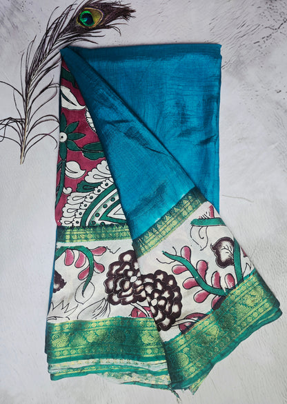 Turquoise Teal Mangalagiri Silk Kalamkari Saree with Pink Floral Vines & Green Zari Border