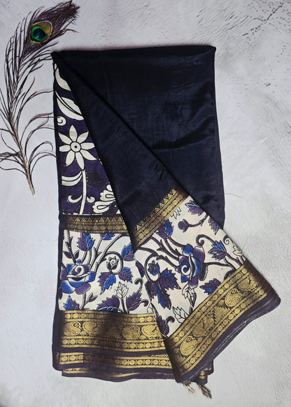 Midnight Navy Mangalagiri Silk Kalamkari Saree with Blue-Purple Floral Vines & Antique Zari Border
