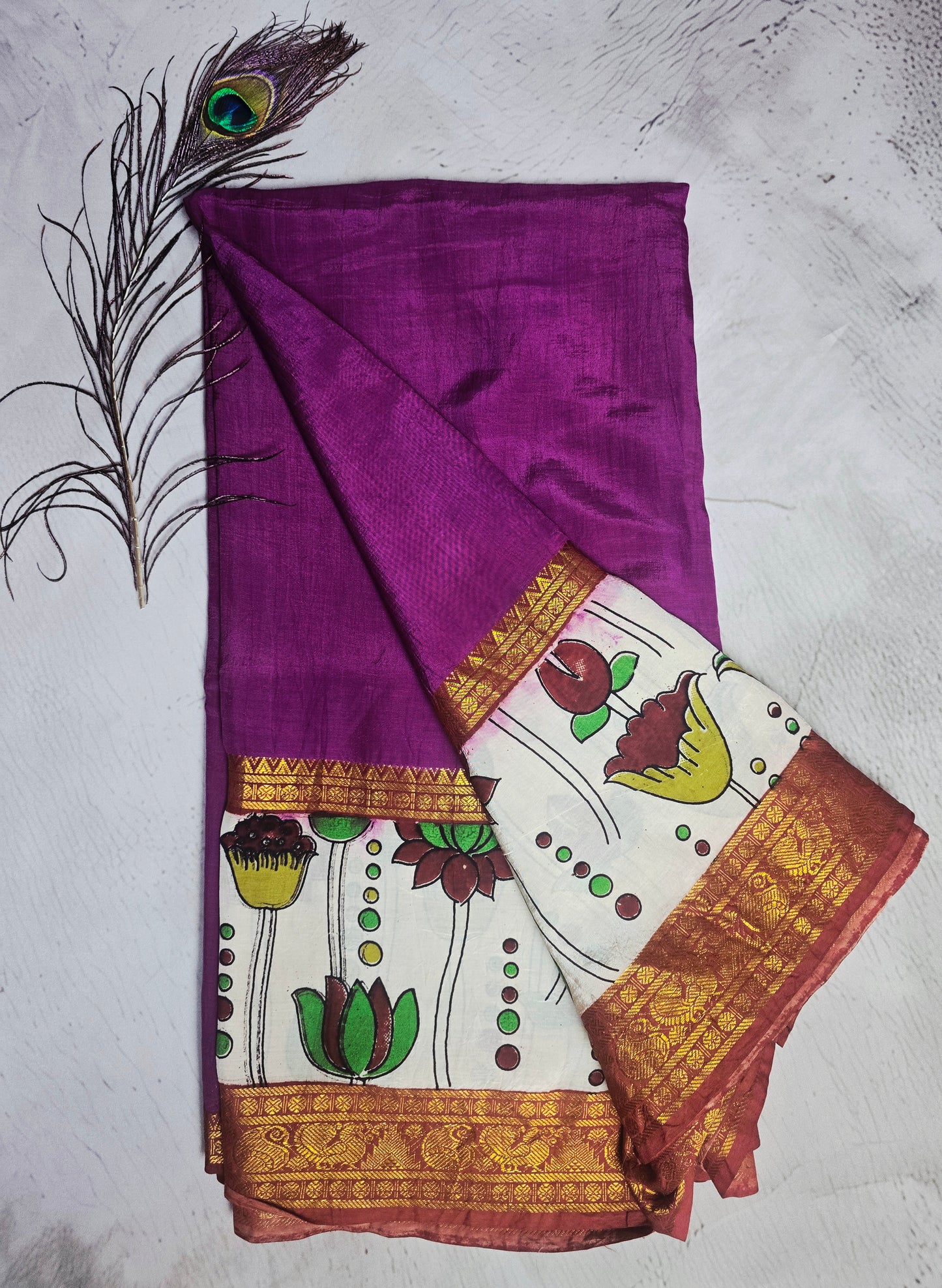 Berry Purple Mangalagiri Silk Kalamkari Saree with Lotus Motifs & Rich Antique Zari Border