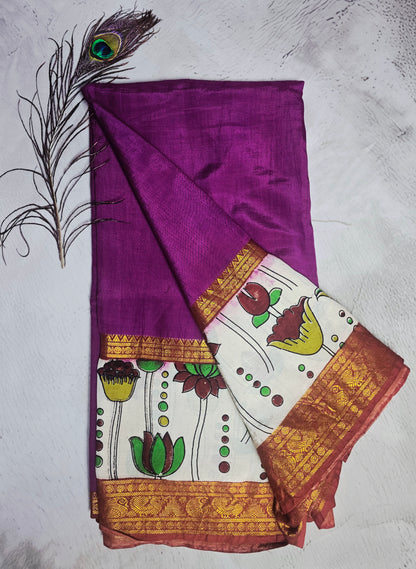 Berry Purple Mangalagiri Silk Kalamkari Saree with Lotus Motifs & Rich Antique Zari Border