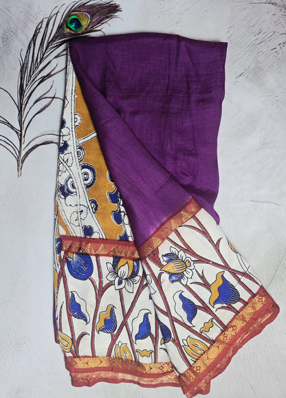 Plum Purple Mangalagiri Silk Kalamkari Saree with Floral Handcrafted Border & Zari Accents