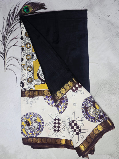 Obsidian Black Mangalagiri Silk Kalamkari Saree with Purple Peacock Medallions & Antique Gold Zari Border