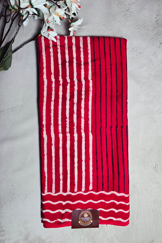 Crimson Red Cotton Bagru Handblock Saree with Black & Ivory Stripes and Floral Border