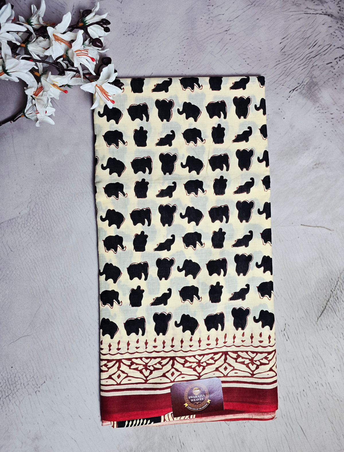 Ivory Cream Cotton Bagru Handblock Saree with Black Elephant Motifs & Maroon Floral Border