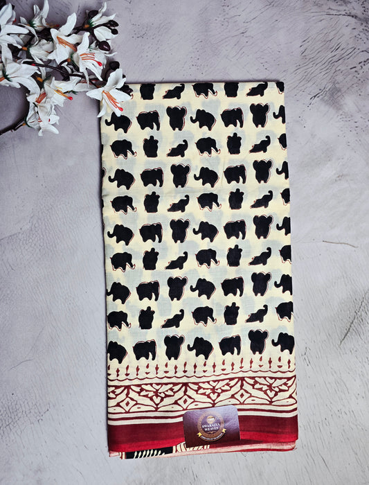 Ivory Cream Cotton Bagru Handblock Saree with Black Elephant Motifs & Maroon Floral Border