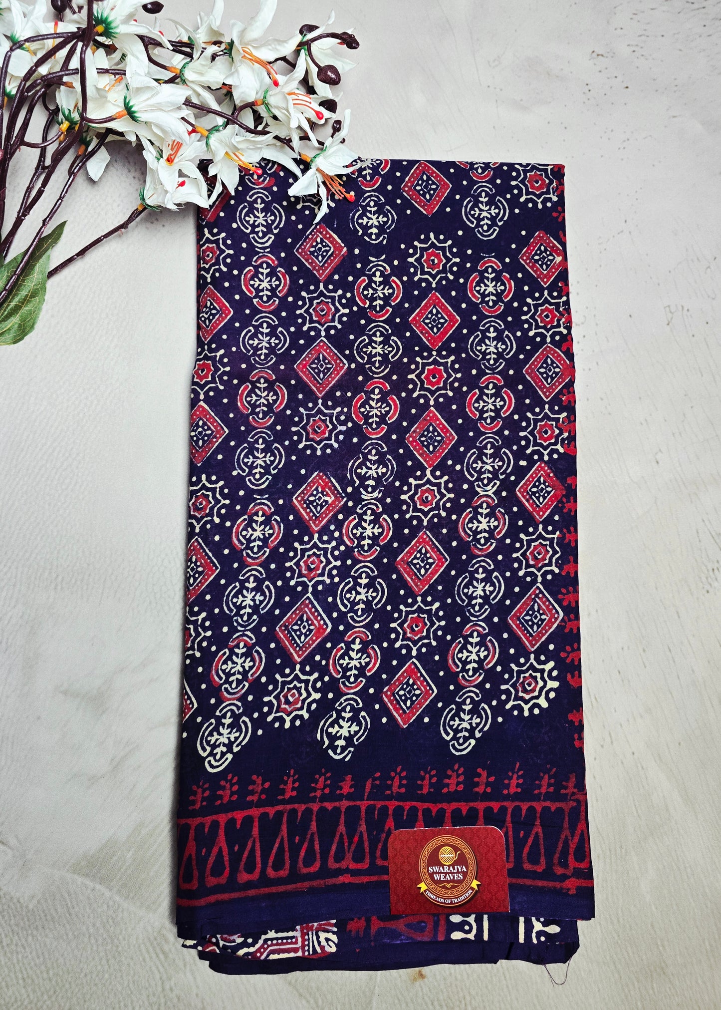 Indigo Blue Cotton Bagru Handblock Saree with Red & Ivory Geometric Motifs