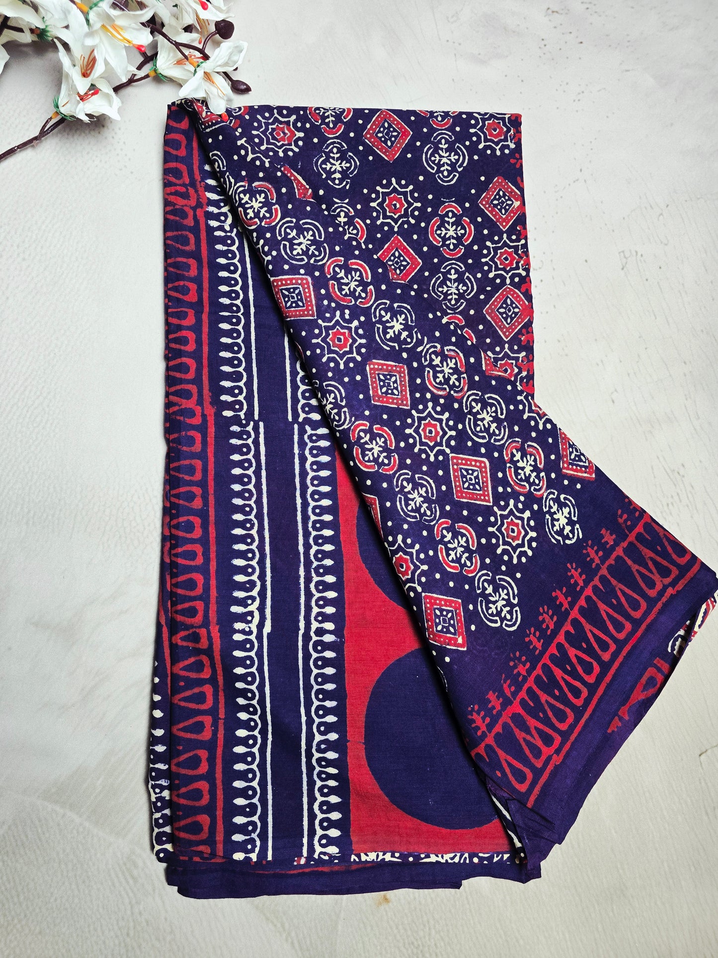 Indigo Blue Cotton Bagru Handblock Saree with Red & Ivory Geometric Motifs
