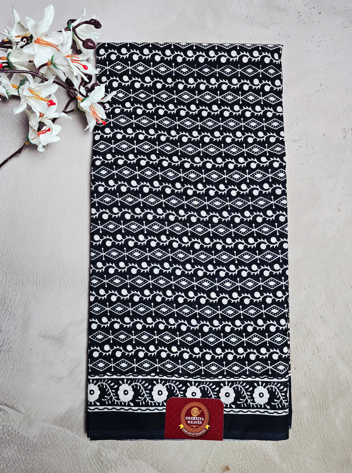 Black & Ivory Cotton Bagru Handblock Saree with Geometric Diamond & Floral Motifs