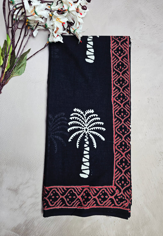 Black Cotton Bagru Handblock Saree with White Palm Motifs & Red Geometric Border