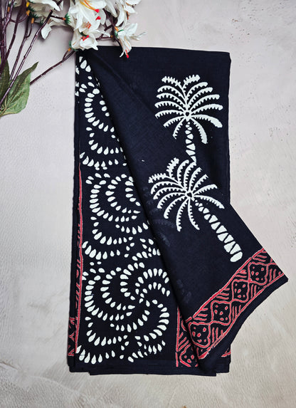 Black Cotton Bagru Handblock Saree with White Palm Motifs & Red Geometric Border