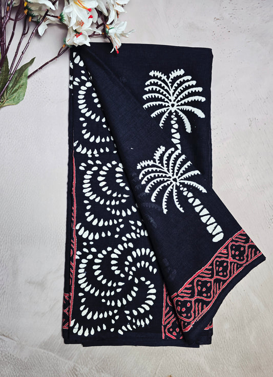 Black Cotton Bagru Handblock Saree with White Palm Motifs & Red Geometric Border