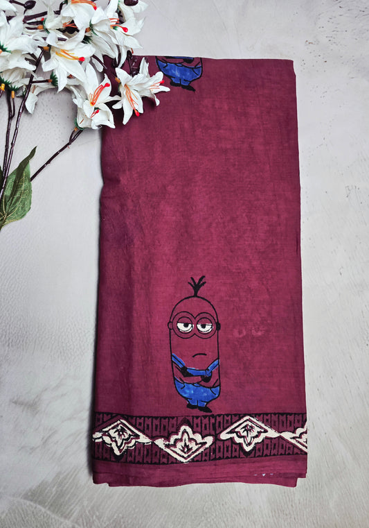 Wine Cotton Bagru Handblock Saree with Playful Minion Motif & Geometric Border
