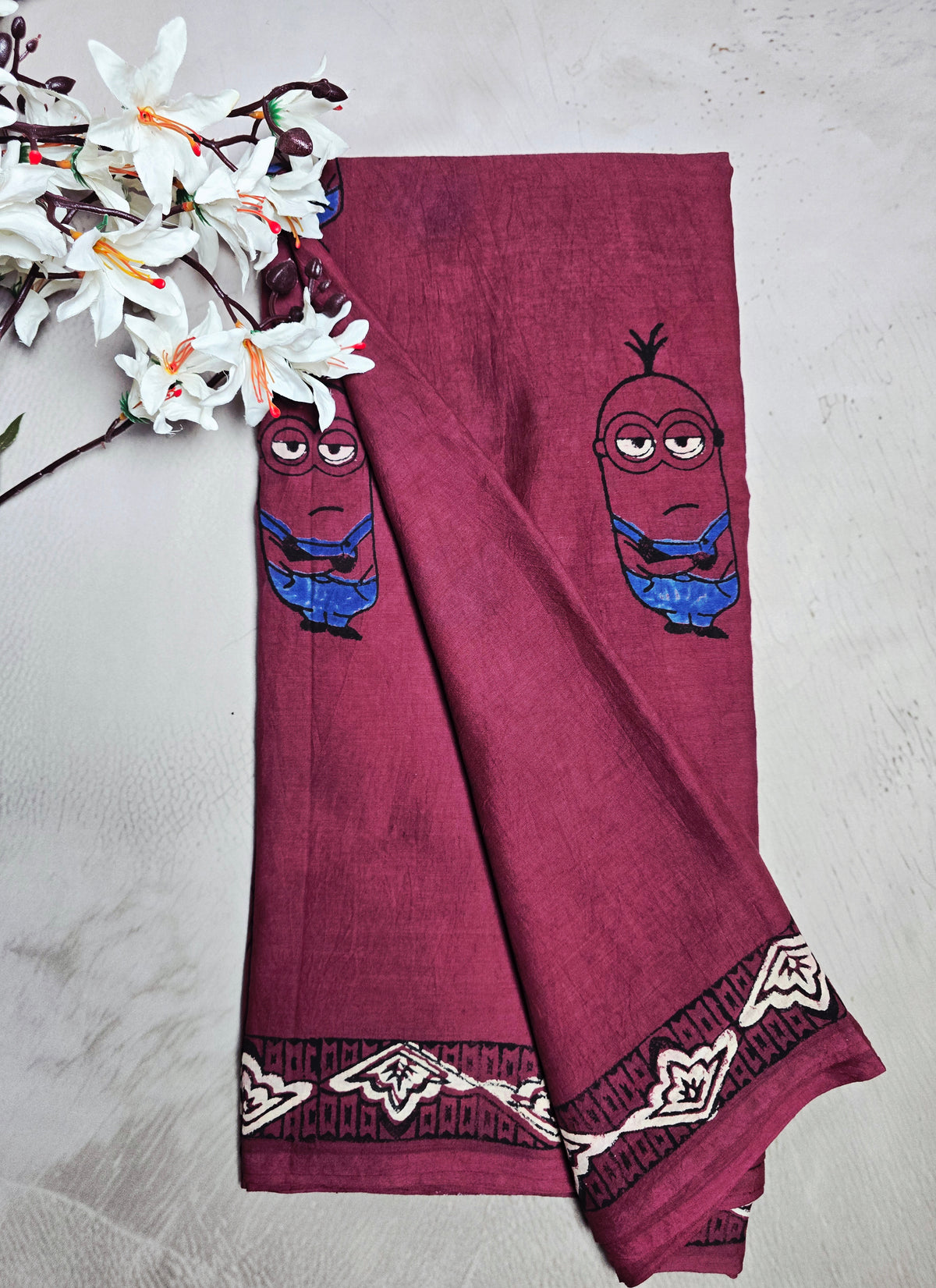 Wine Cotton Bagru Handblock Saree with Playful Minion Motif & Geometric Border