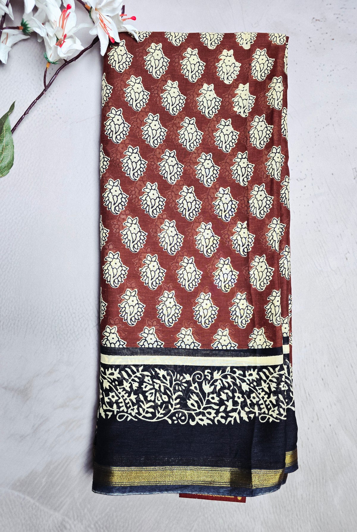 Rust Brown & Navy Cotton Bagru Handblock Saree with Ivory Floral Motifs & Golden Border