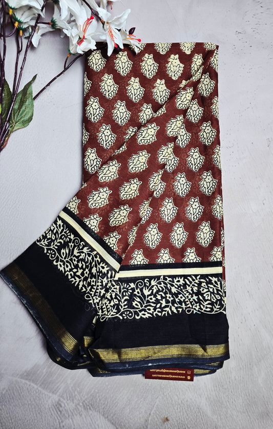Rust Brown & Navy Cotton Bagru Handblock Saree with Ivory Floral Motifs & Golden Border