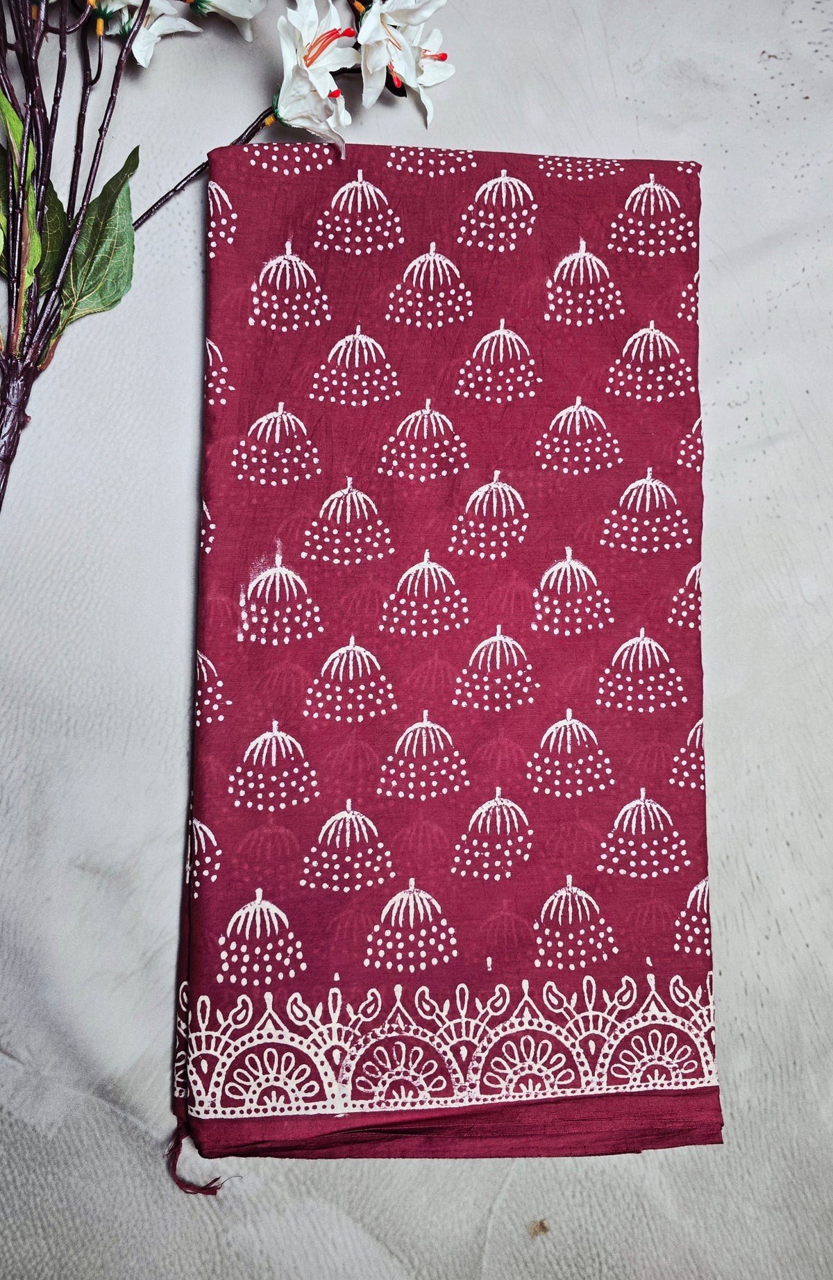 Maroon Cotton Bagru Handblock Saree with White Floral Motifs & Traditional Border