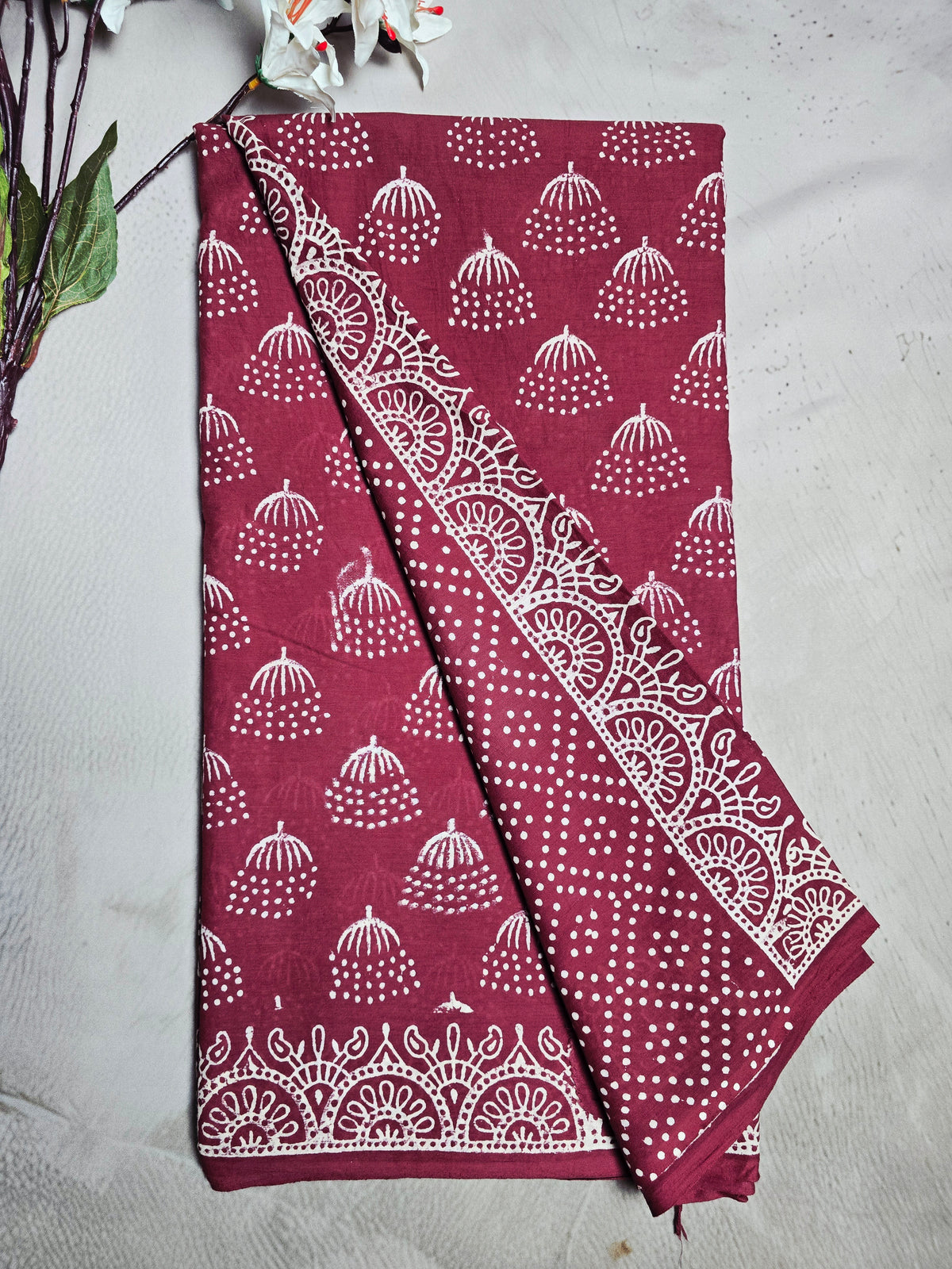 Maroon Cotton Bagru Handblock Saree with White Floral Motifs & Traditional Border
