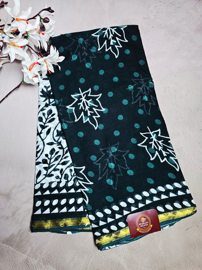 Black & Teal Cotton Bagru Handblock Saree with White Leaf Motifs & Golden Border