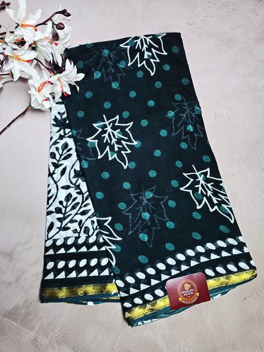 Black & Teal Cotton Bagru Handblock Saree with White Leaf Motifs & Golden Border