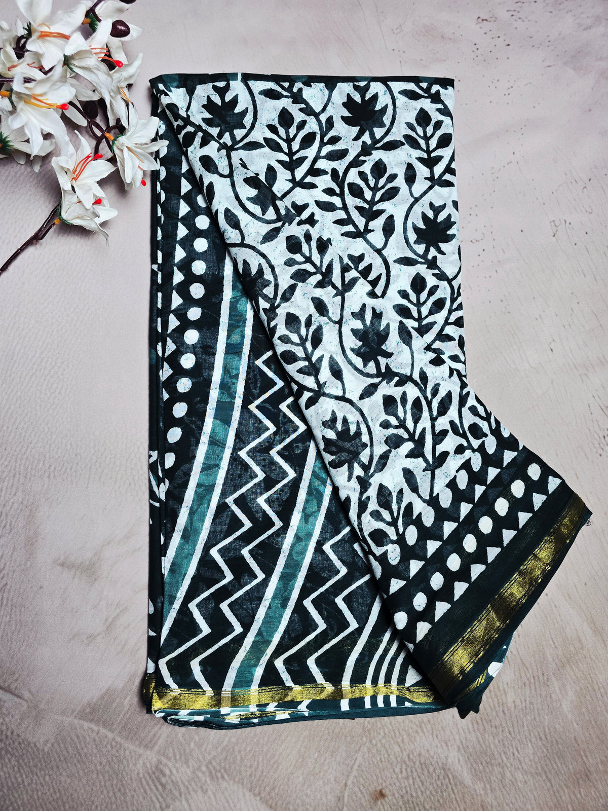 Black & Teal Cotton Bagru Handblock Saree with White Leaf Motifs & Golden Border
