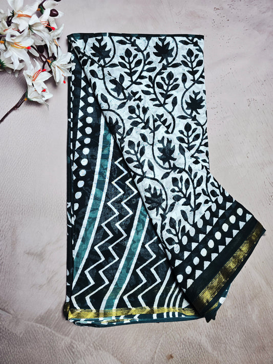 Black & Teal Cotton Bagru Handblock Saree with White Leaf Motifs & Golden Border