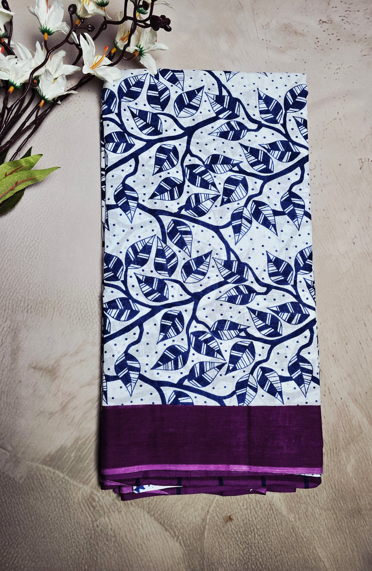 White & Indigo Cotton Bagru Handblock Saree with Leaf Vine Motifs & Purple Border
