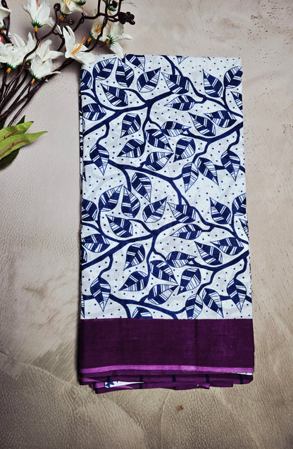 White & Indigo Cotton Bagru Handblock Saree with Leaf Vine Motifs & Purple Border