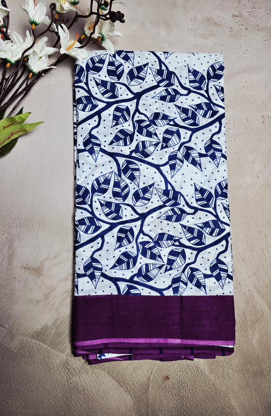 White & Indigo Cotton Bagru Handblock Saree with Leaf Vine Motifs & Purple Border
