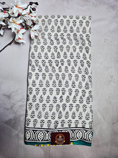 White & Black Cotton Bagru Handblock Saree with Botanical Motifs, Teal Border & Yellow Accents