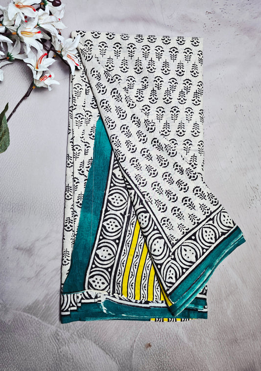 White & Black Cotton Bagru Handblock Saree with Botanical Motifs, Teal Border & Yellow Accents