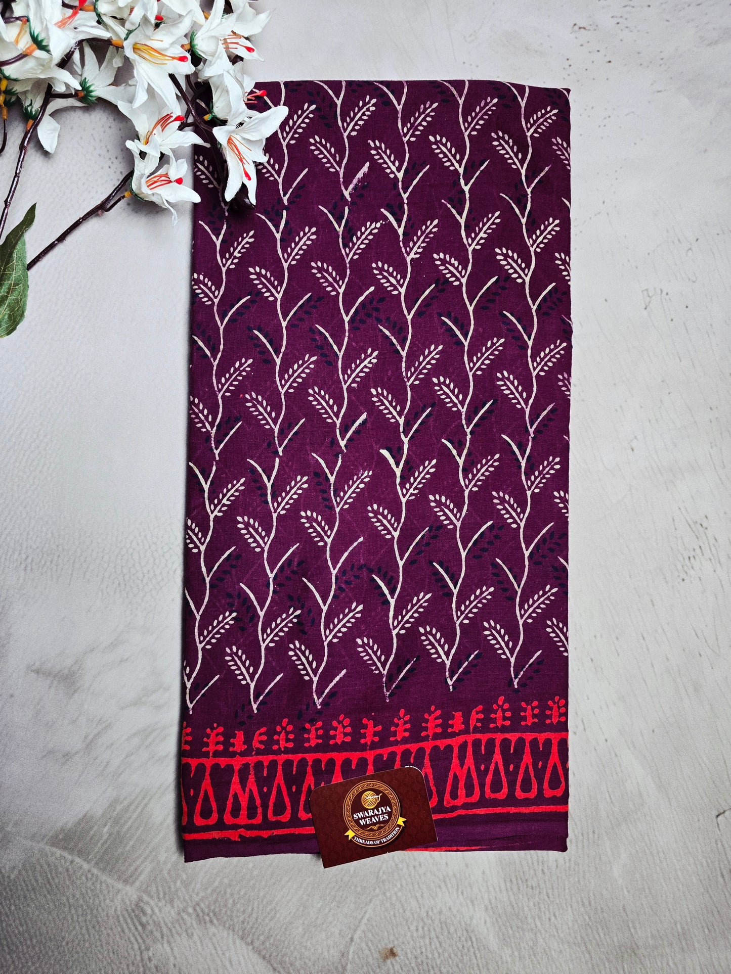Wine Maroon & Cream Cotton Bagru Handblock Saree with Botanical Vine Motifs & Red Border