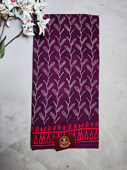 Wine Maroon & Cream Cotton Bagru Handblock Saree with Botanical Vine Motifs & Red Border