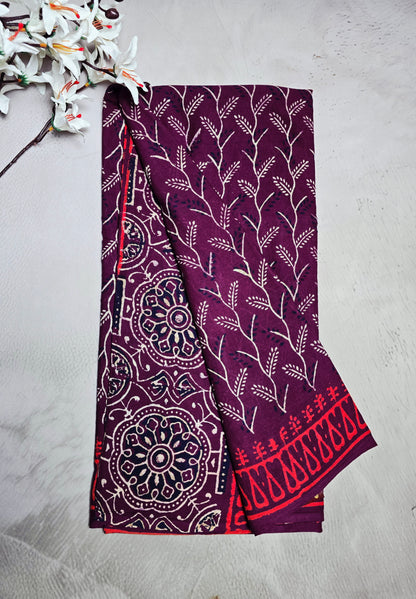 Wine Maroon & Cream Cotton Bagru Handblock Saree with Botanical Vine Motifs & Red Border