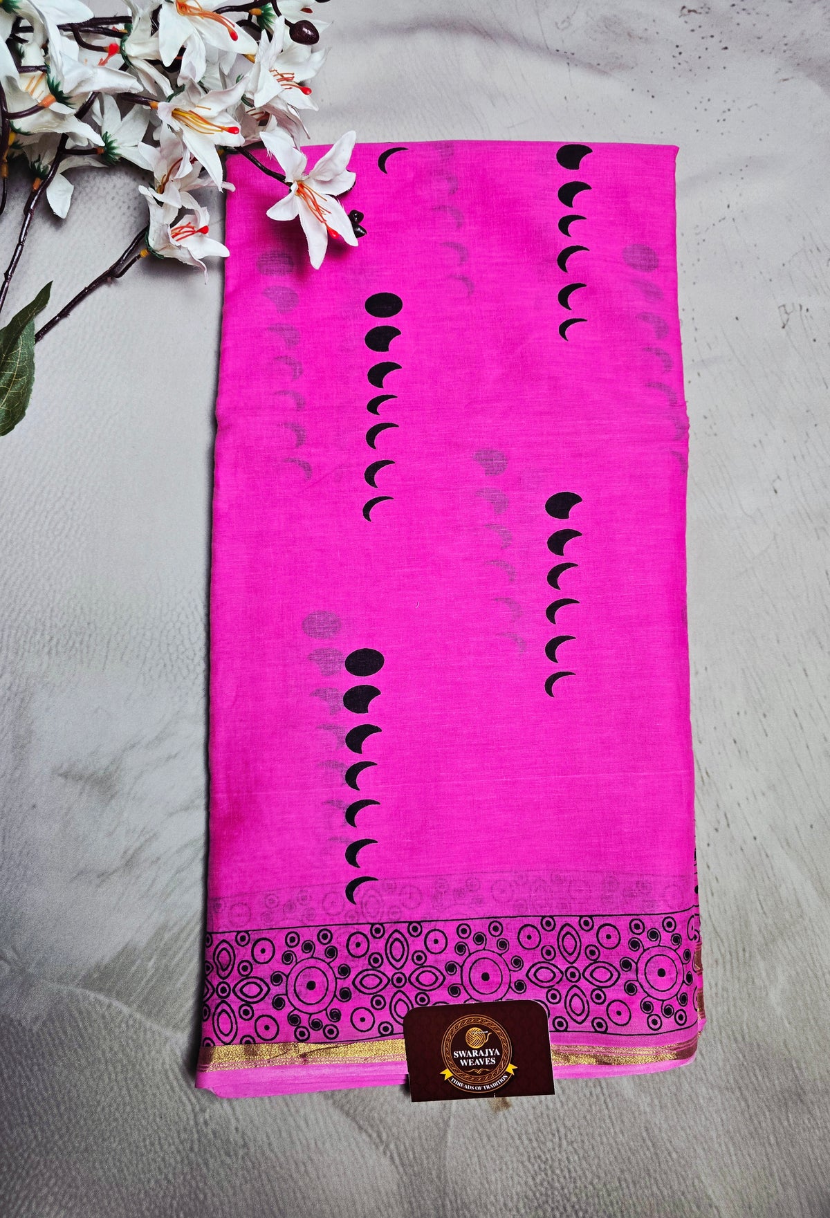 Hot Pink & Black Cotton Bagru Handblock Saree with Crescent Motifs & Geometric Border