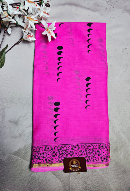 Hot Pink & Black Cotton Bagru Handblock Saree with Crescent Motifs & Geometric Border