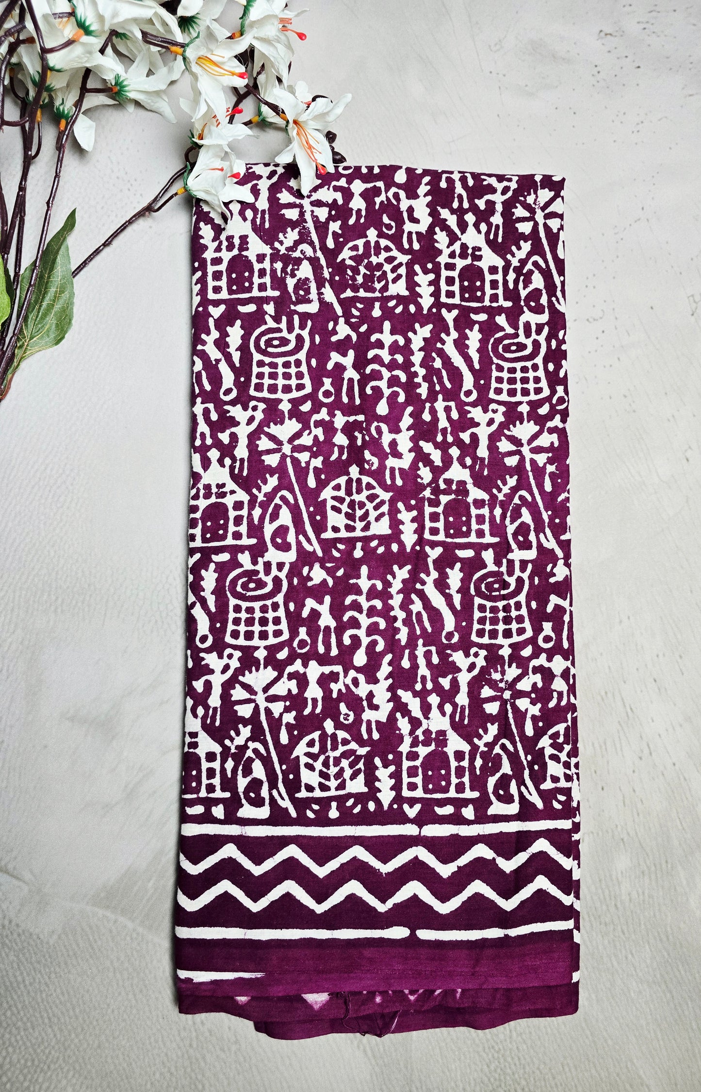 Wine Maroon & Cream Cotton Bagru Handblock Saree with Folk Motifs & Zigzag Border