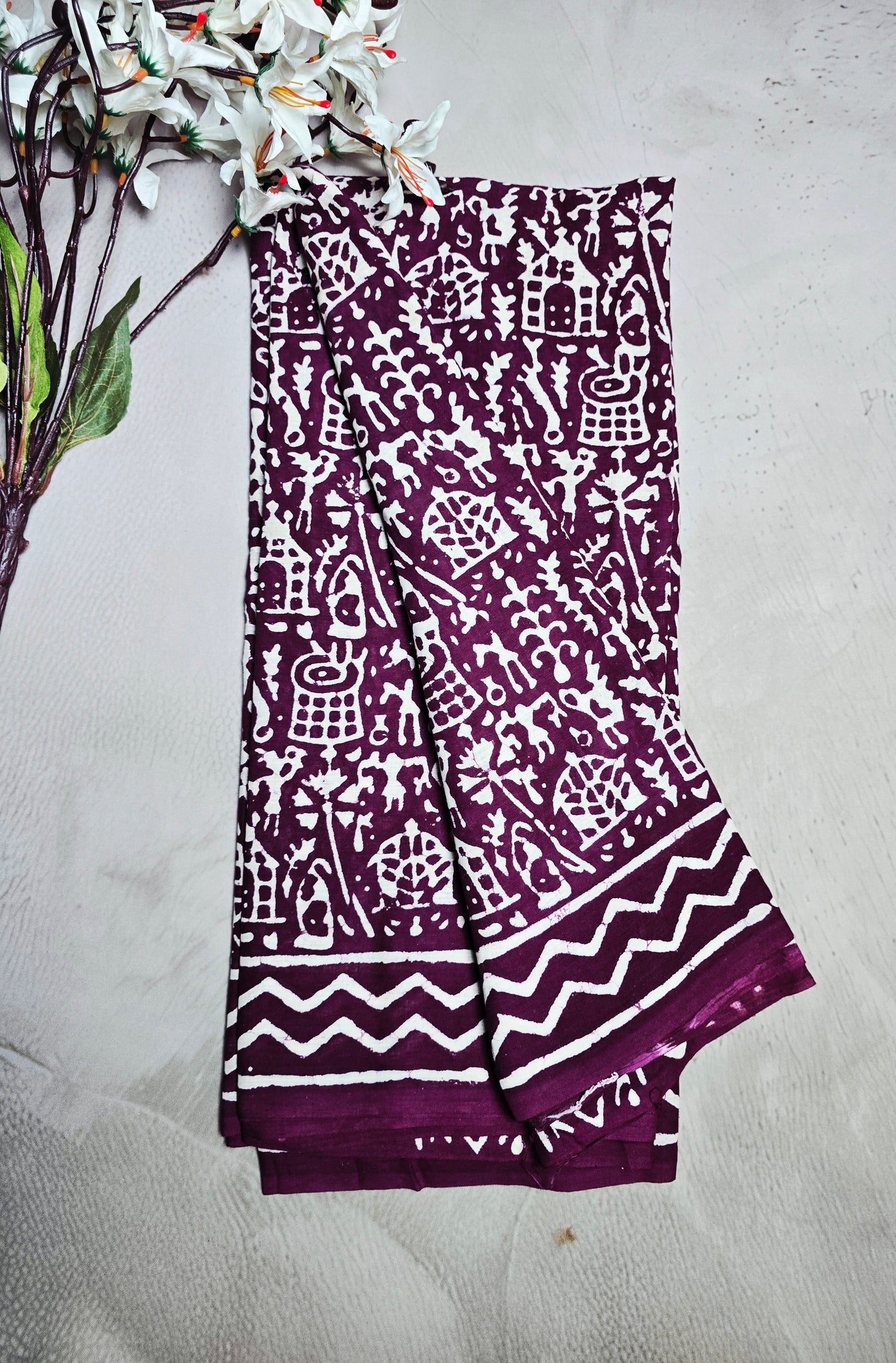 Wine Maroon & Cream Cotton Bagru Handblock Saree with Folk Motifs & Zigzag Border