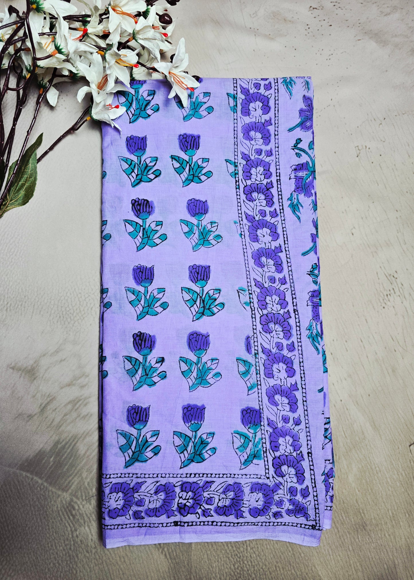Lavender & Purple Cotton Bagru Handblock Saree with Floral Sprigs & Border