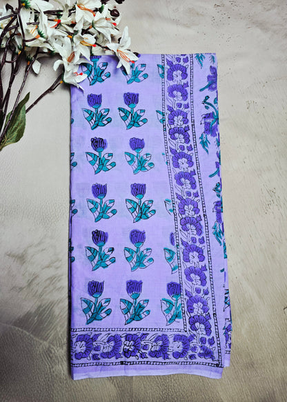 Lavender & Purple Cotton Bagru Handblock Saree with Floral Sprigs & Border
