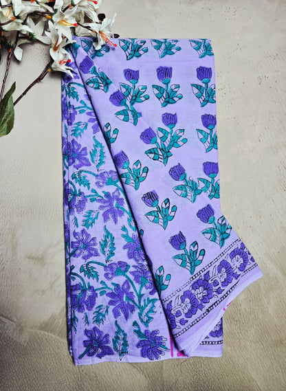 Lavender & Purple Cotton Bagru Handblock Saree with Floral Sprigs & Border